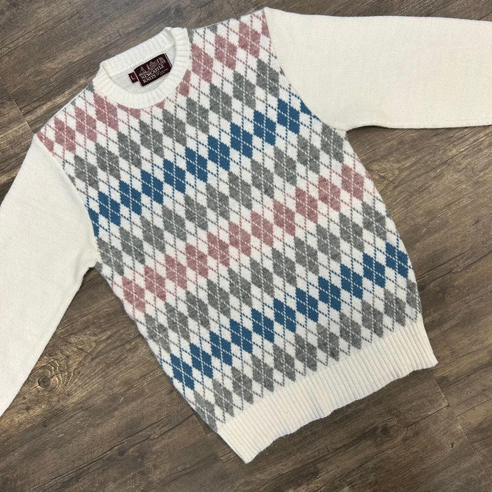 Vintage Newcastle Knits‎ Crewneck Sweater Men Size Large Argyle USA (466)
